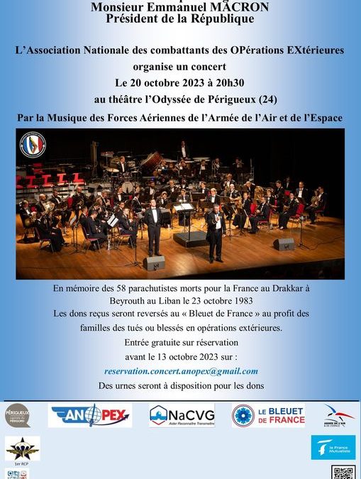 Pour le 40ème anniversaire du Drakkar et pour le Bleuet de France, un concert de prestige le 20 octobre à Périgueux